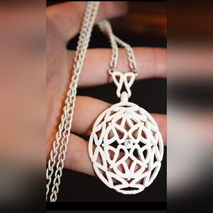 c1960s white enamel long chain Pendant Necklace EUC 24" 2.5" Pendant